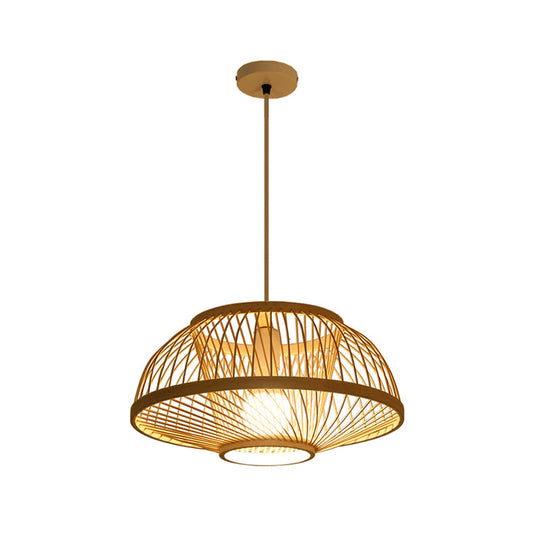 Minimalist Bamboo Woven Hanging Lamp for Restaurants - 1 Bulb Wood Suspension Lighting