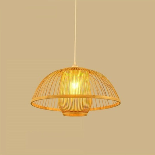 Minimalist Bamboo Woven Hanging Lamp for Restaurants - 1 Bulb Wood Suspension Lighting