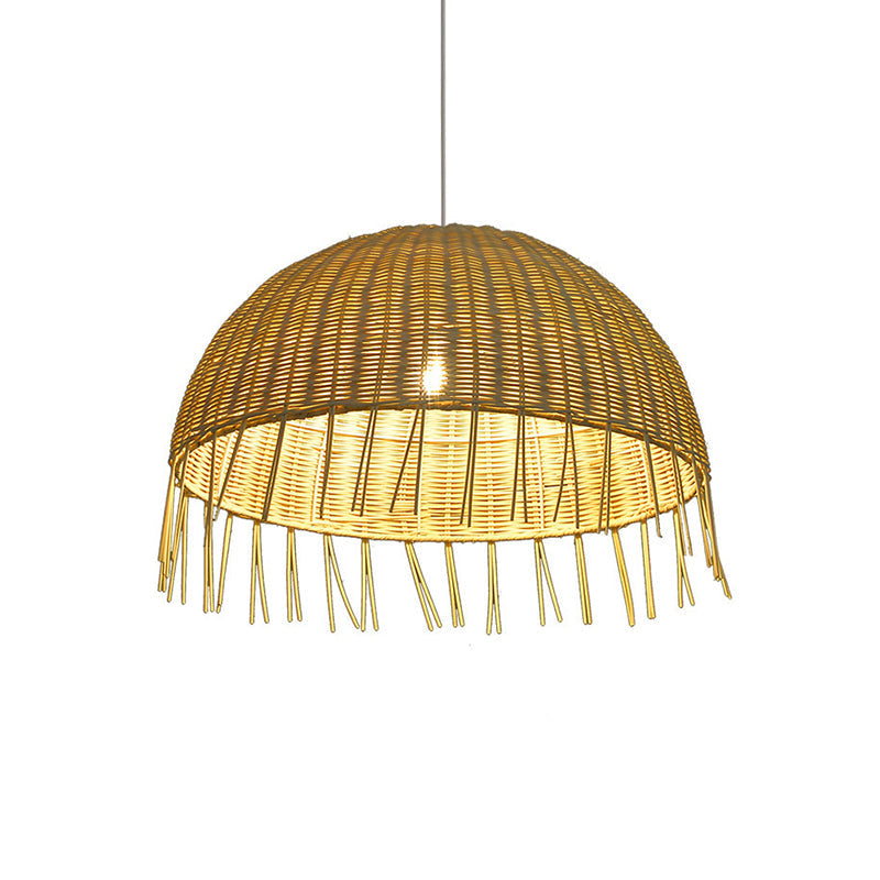 Minimalist Rattan Dome Pendant Ceiling Light For Restaurants - Wood Finish