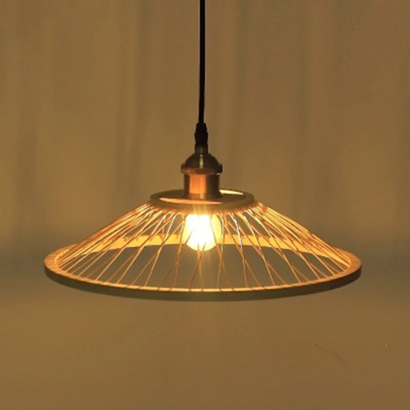Asian Style Bamboo Ceiling Light: Hemispherical 1 Bulb Wood Hanging Lamp For Restaurants