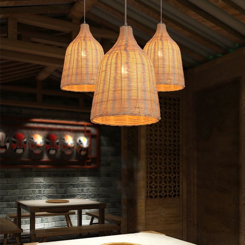 Contemporary Wood Pendant Light: Handcrafted In South-East Asia Single-Bulb Rattan Suspension