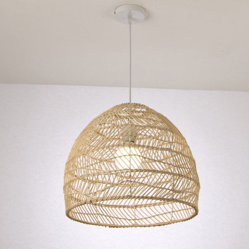 Simplicity 1-Light Rattan Bell Shade Pendant Light - Wood Suspension Lighting Fixture