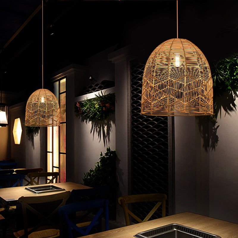 Rattan Wood Hanging Lamp - Asian Style Elongated Ceiling Light For Tea Room