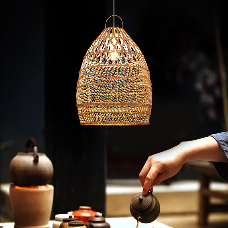 Wooden Asian Rattan Pendant Ceiling Light With Suspended Elongated Design - Ideal For Restaurants