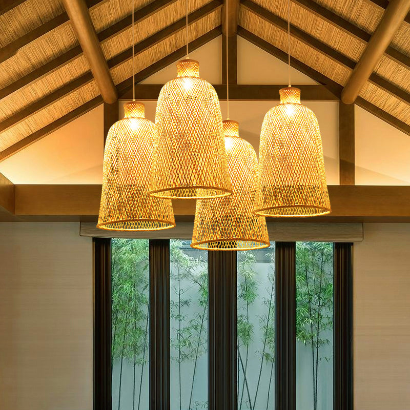 Chinese Style Handmade Bamboo Ceiling Light - Single Pendant For Restaurant Wood Finish