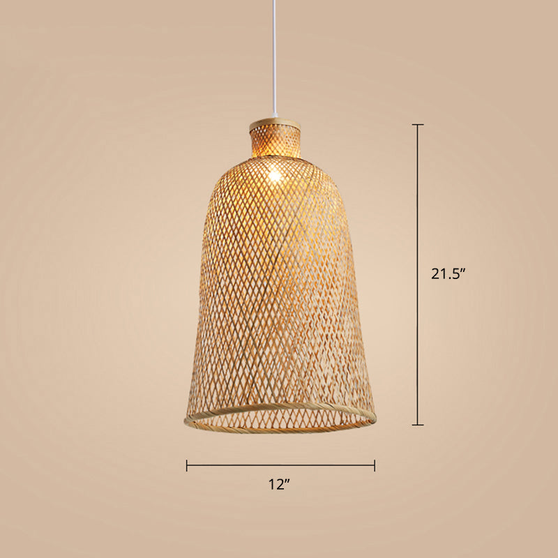 Chinese Style Handmade Bamboo Ceiling Light - Single Pendant For Restaurant Wood Finish / C