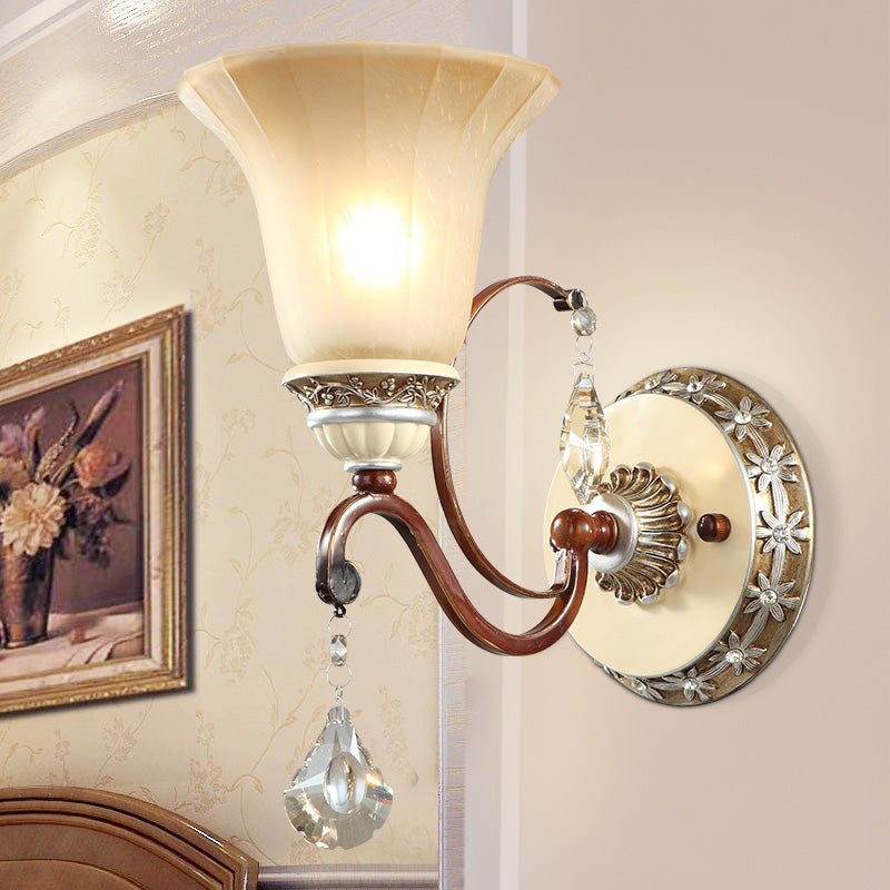 Lodge Style Bell Wall Sconce With Frosted Glass White Finish And Crystal Drops Perfect For Corridors