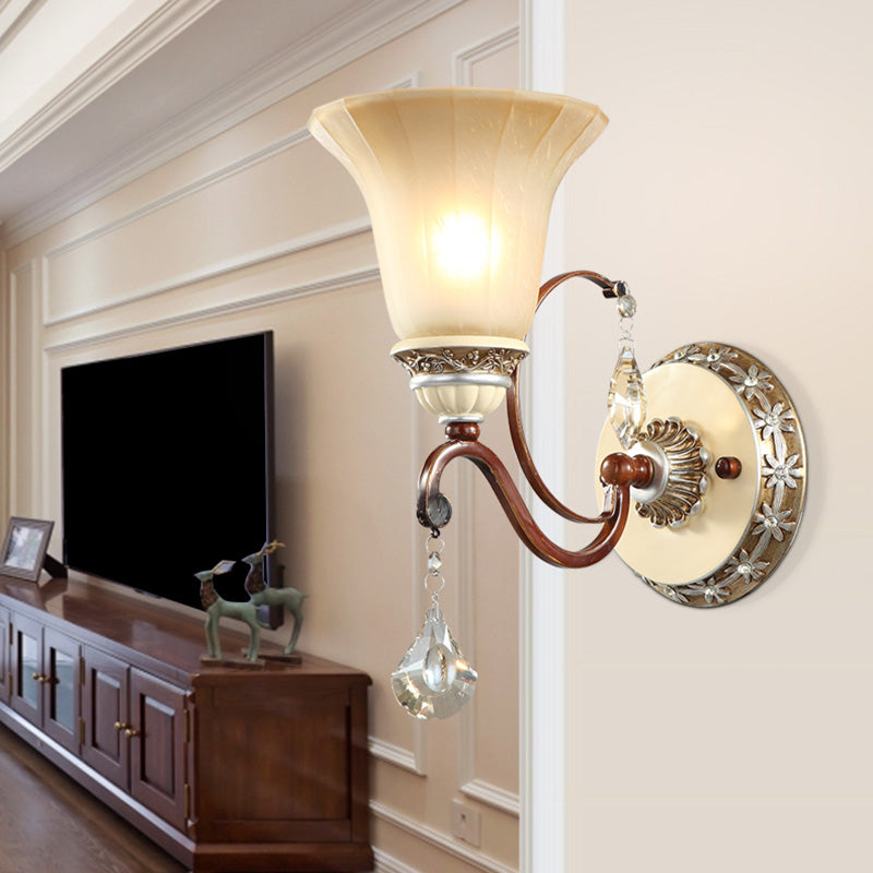 Lodge Style Bell Wall Sconce With Frosted Glass White Finish And Crystal Drops Perfect For Corridors