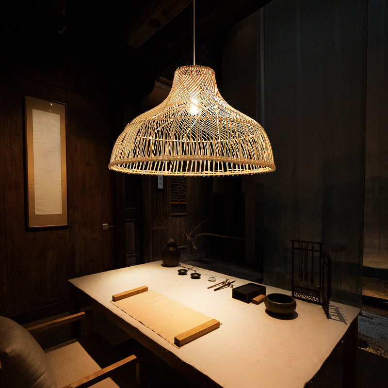 Pot Lid Rattan Suspension Light Simplicity 1-Light Wood Pendant Light for Tea Room