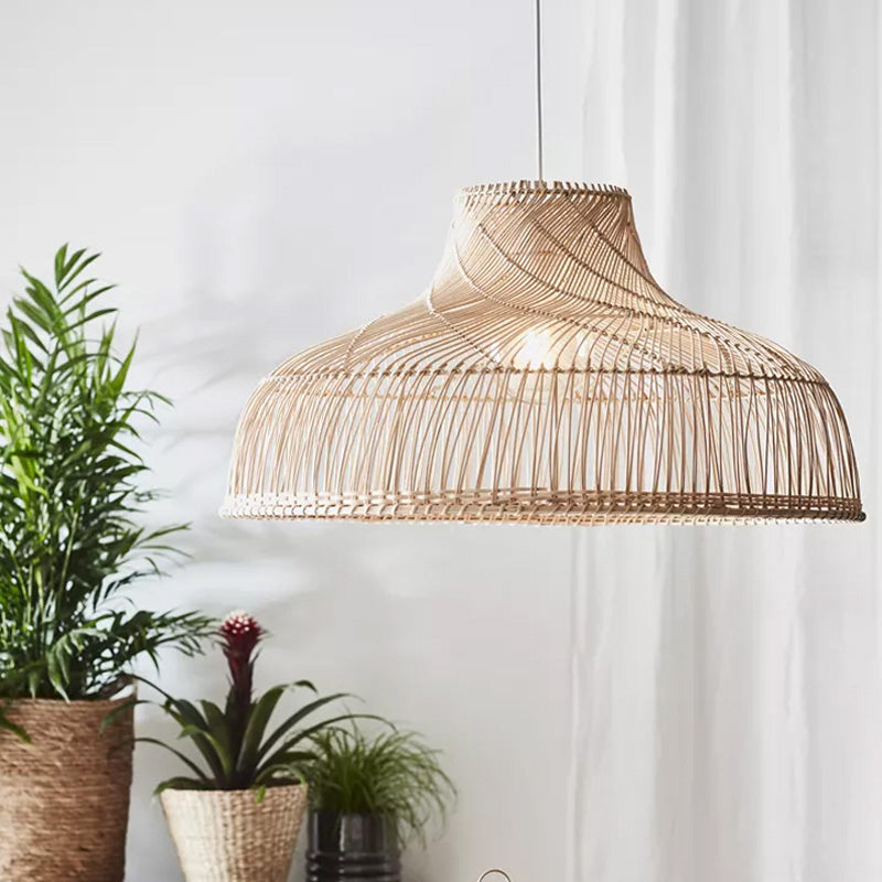 Pot Lid Rattan Suspension Light Simplicity 1-Light Wood Pendant Light for Tea Room