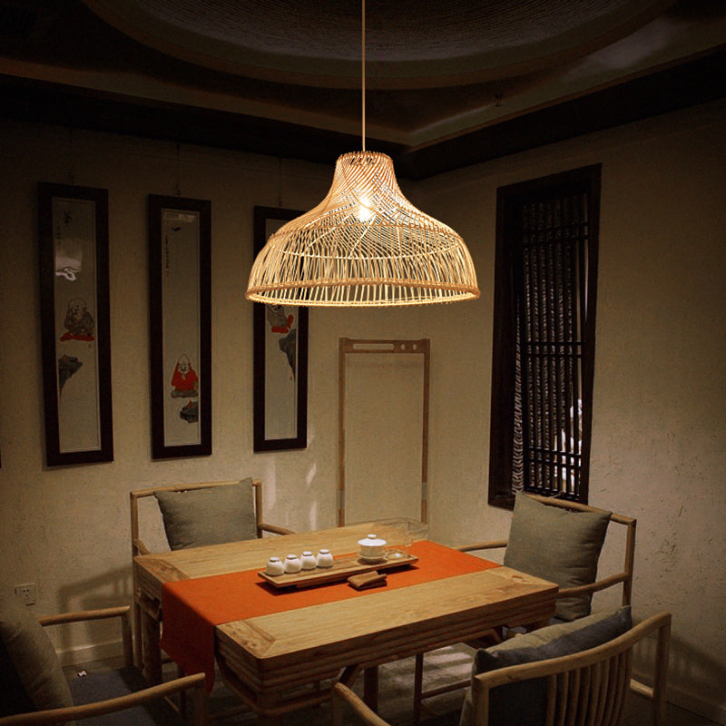 Hat Shape Pendant Light Contemporary Rattan Single-Bulb Tea Room Suspension Light in Wood