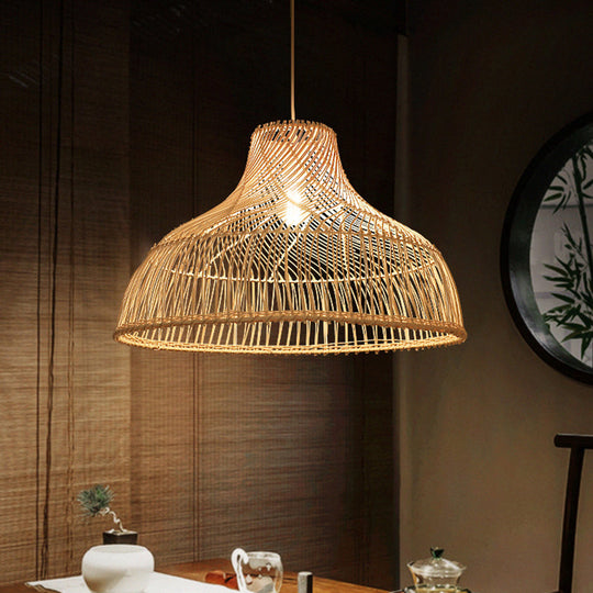 Hat Shape Pendant Light Contemporary Rattan Single-Bulb Tea Room Suspension Light in Wood