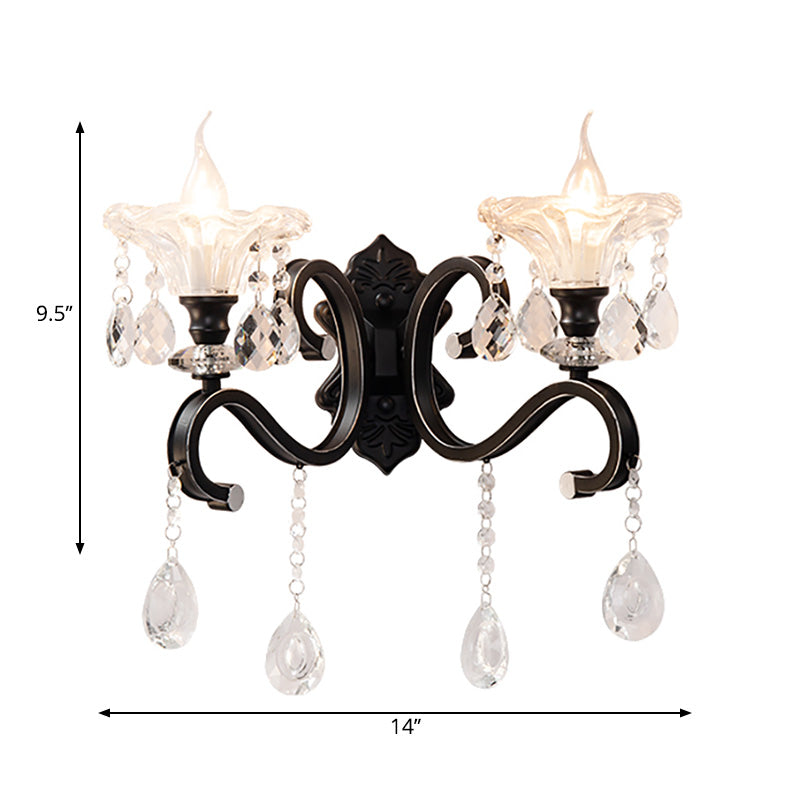 Modern Scalloped Crystal Wall Lamp With Curved Arm In Black