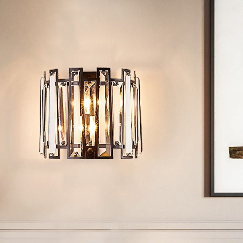 Modernist Clear Crystal Drum Wall Sconce - 2 Lights Black Finish Ideal For Corridors