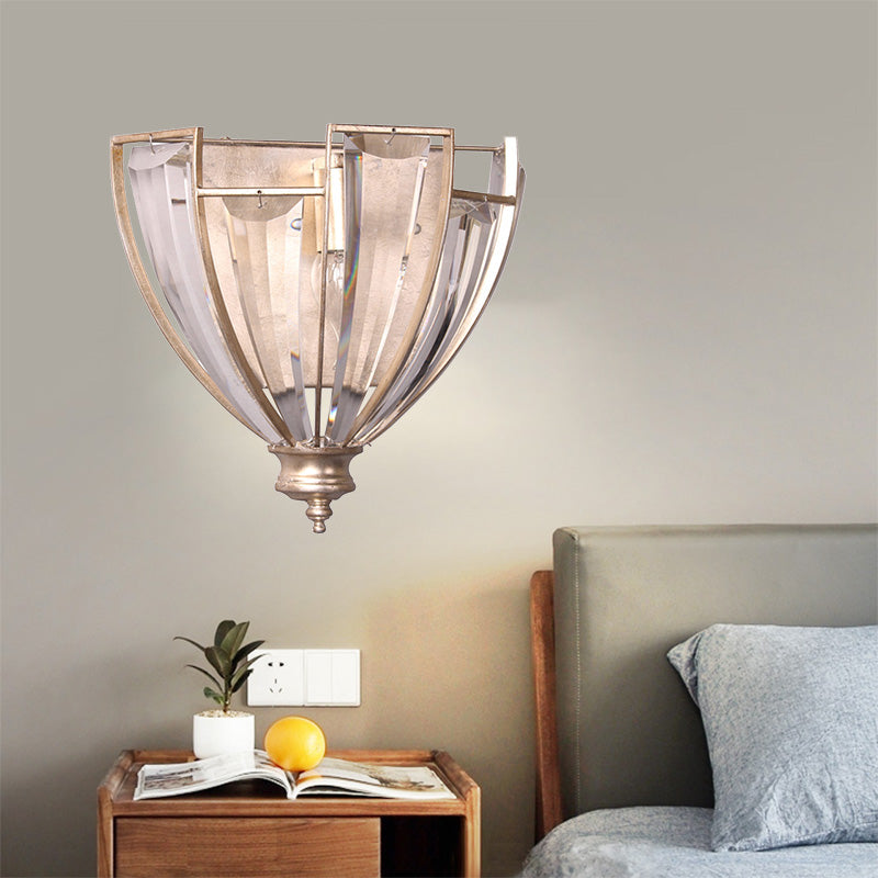 Vintage Style Gold Finish Crystal Wall Sconce - Bowl Shape Clear Glass Bedroom Lighting With 1 Bulb