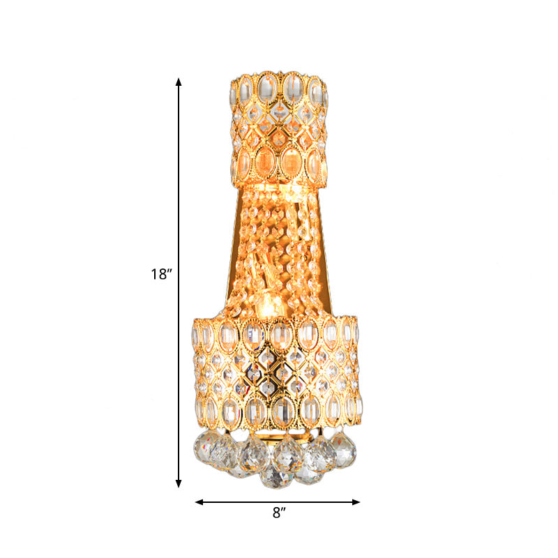Vintage Metal Beaded Wall Sconce With Clear Crystal Accents - Gold Finish 2 Bulbs For Hallway