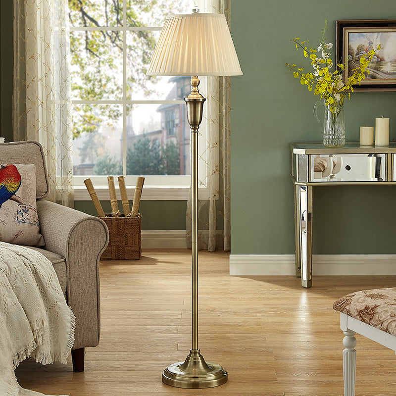 Vintage Beige Pleated Fabric Floor Lamp: Single-Bulb Empire Shade For Living Room