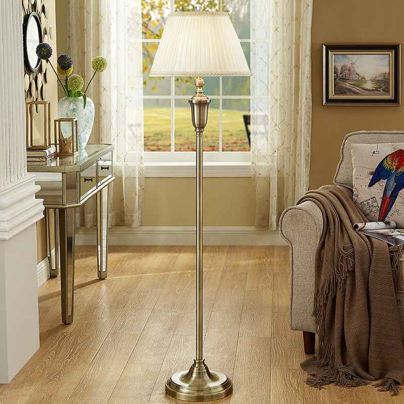 Vintage Beige Pleated Fabric Floor Lamp: Single-Bulb Empire Shade For Living Room White