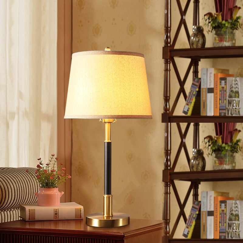 Vintage Brass Bedside Table Lamp With Single Bulb Tapered Design And Fabric Shade