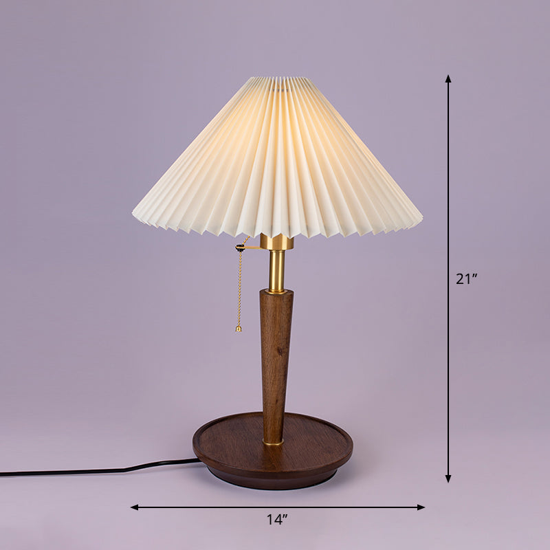 Minimalist Cone Pleated Fabric Nightstand Lamp With Pull Chain - White 1-Light Table Light For