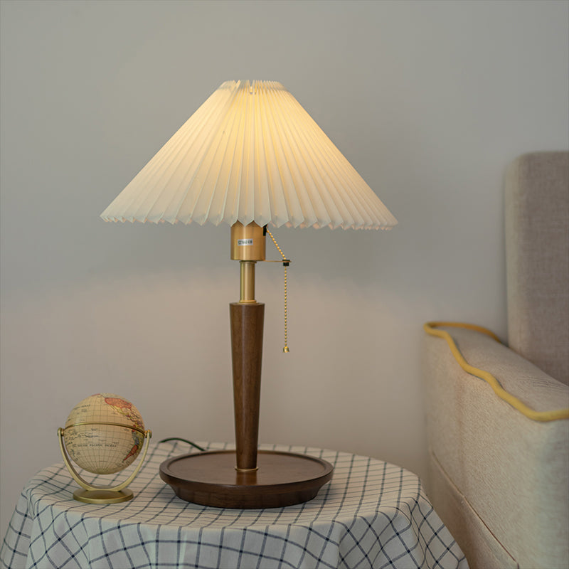 Minimalist Cone Pleated Fabric Nightstand Lamp With Pull Chain - White 1-Light Table Light For