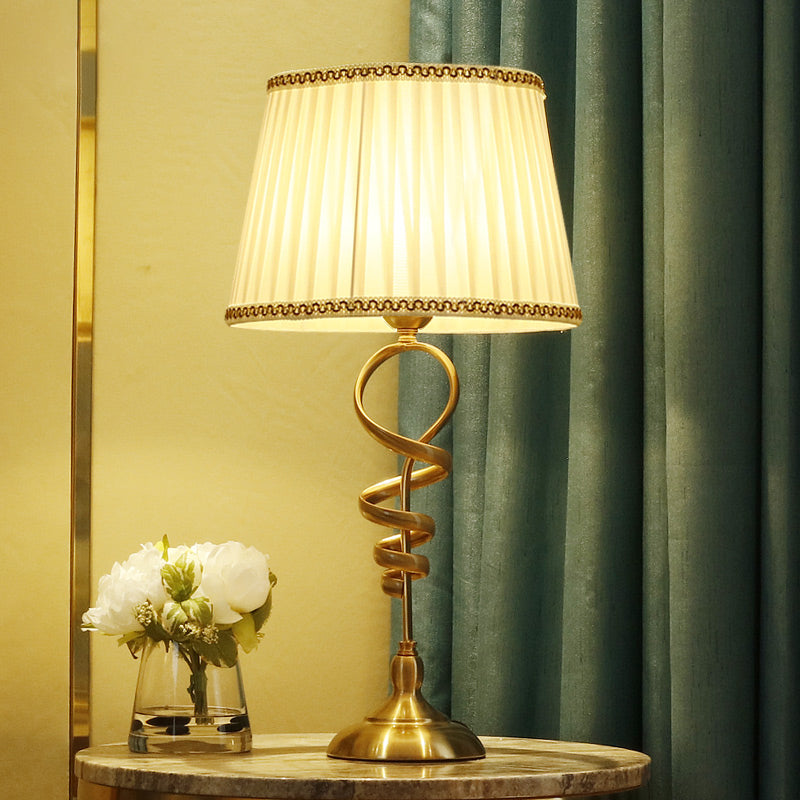 Classic Spiral Metallic Nightstand Lamp With Pleated Fabric Shade - 1 Head Table Lighting