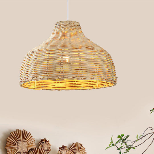 Asian Style Rattan Ceiling Light Fixture For Restaurants - Pot Cover Design With 1 Bulb Wood