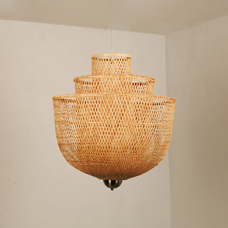 Minimalist Bamboo Pendant Ceiling Light - Layered Wood Suspension Lighting For Tea Room / 23.5 A