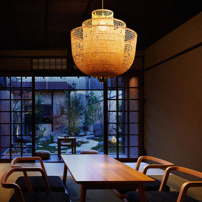 Minimalist Bamboo Pendant Ceiling Light - Layered Wood Suspension Lighting For Tea Room