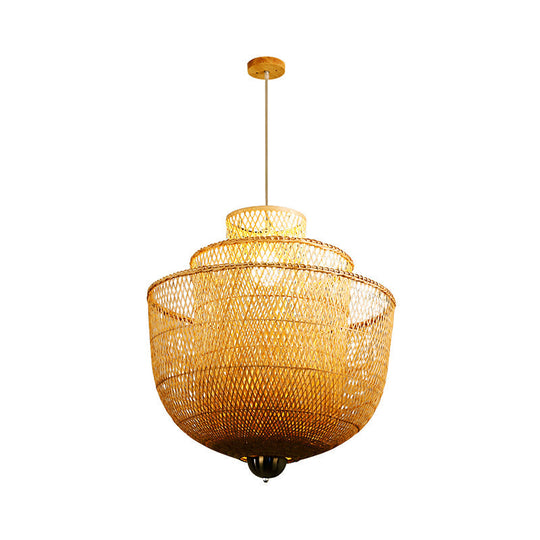 Minimalist Bamboo Pendant Ceiling Light - Layered Wood Suspension Lighting For Tea Room