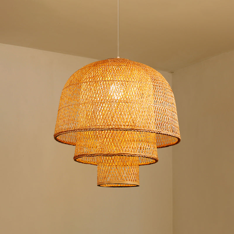 Minimalist Bamboo Pendant Ceiling Light - Layered Wood Suspension Lighting For Tea Room / 23.5 B