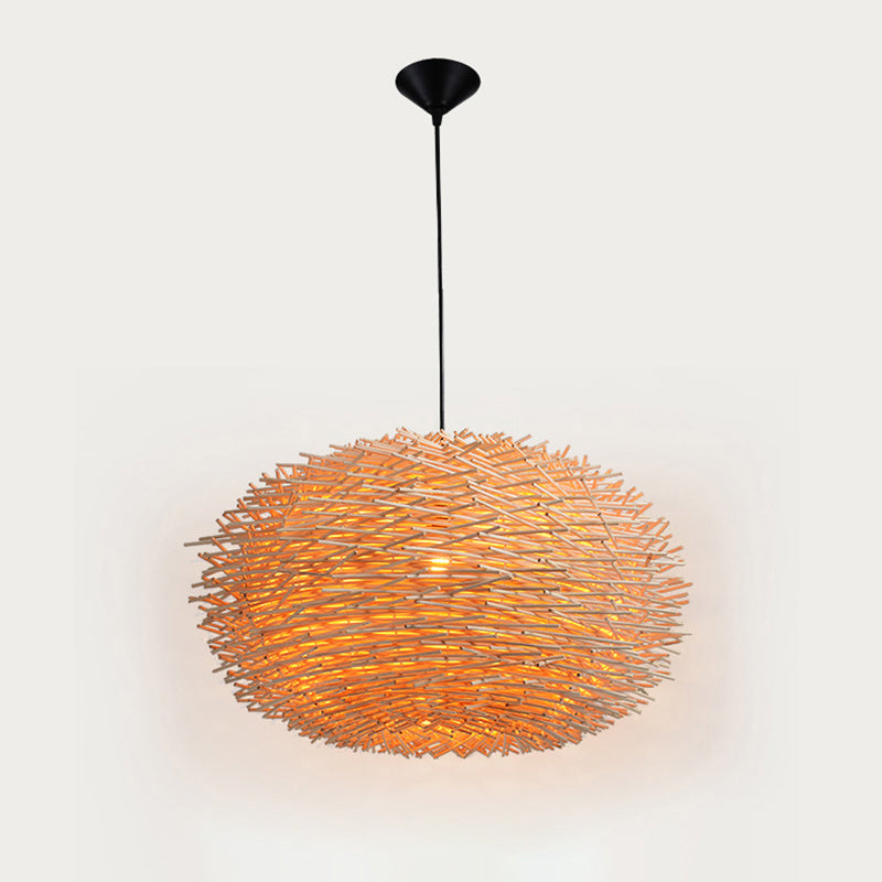 Modern Rattan Bird Nest Pendant Light With Wood Finish Single-Bulb Suspension For Restaurants