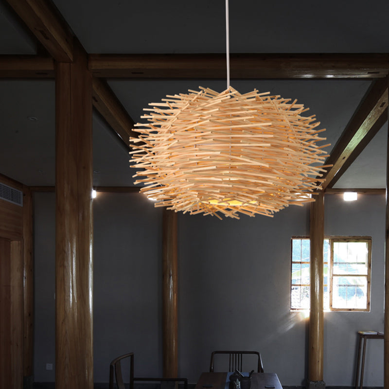 Simplicity Rattan Bird Nest Suspension Light - Wood Restaurant Pendant (1-Light)