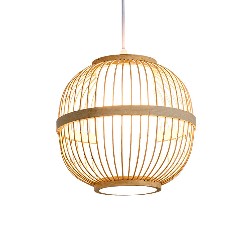 Asian Style Bamboo Lantern Tea Room Ceiling Light Fixture - Wood Hanging With 1-Bulb
