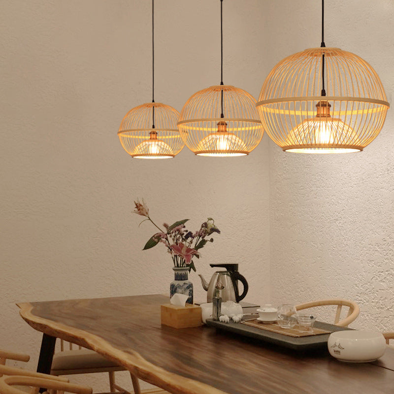 Minimalist Bamboo Sphere Pendant Light With Shade - Wood Suspension Ceiling Lamp / 19.5 A