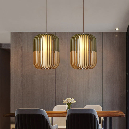 Modern Asian Bird Cage Ceiling Light - Wooden Single Pendant Lamp For Restaurants In Yellow-Green