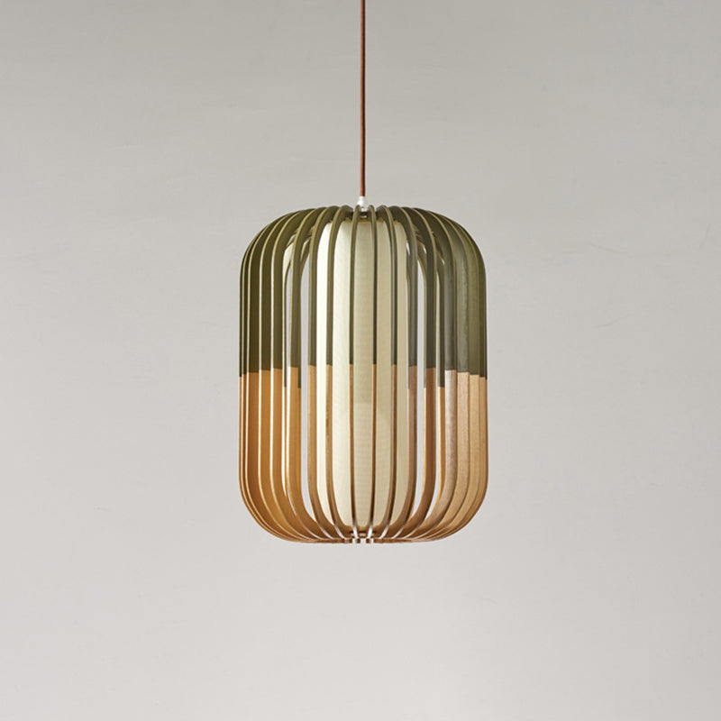Modern Asian Bird Cage Ceiling Light - Wooden Single Pendant Lamp For Restaurants In Yellow-Green /