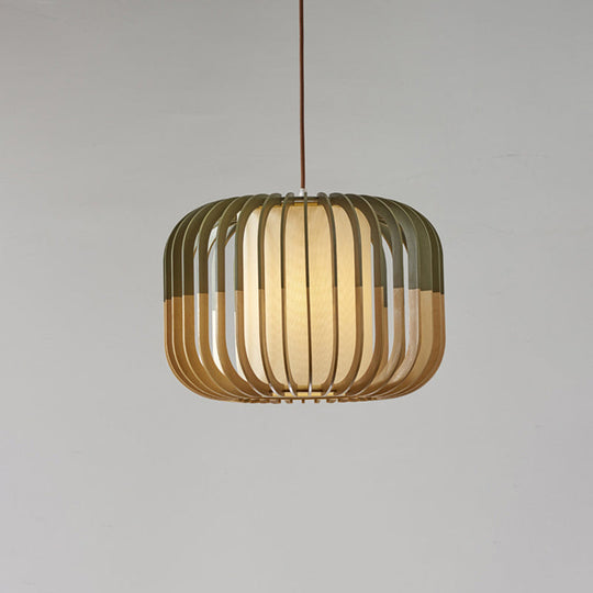 Modern Asian Bird Cage Ceiling Light - Wooden Single Pendant Lamp For Restaurants In Yellow-Green /