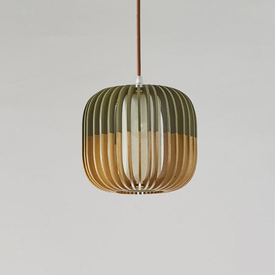 Modern Asian Bird Cage Ceiling Light - Wooden Single Pendant Lamp For Restaurants In Yellow-Green