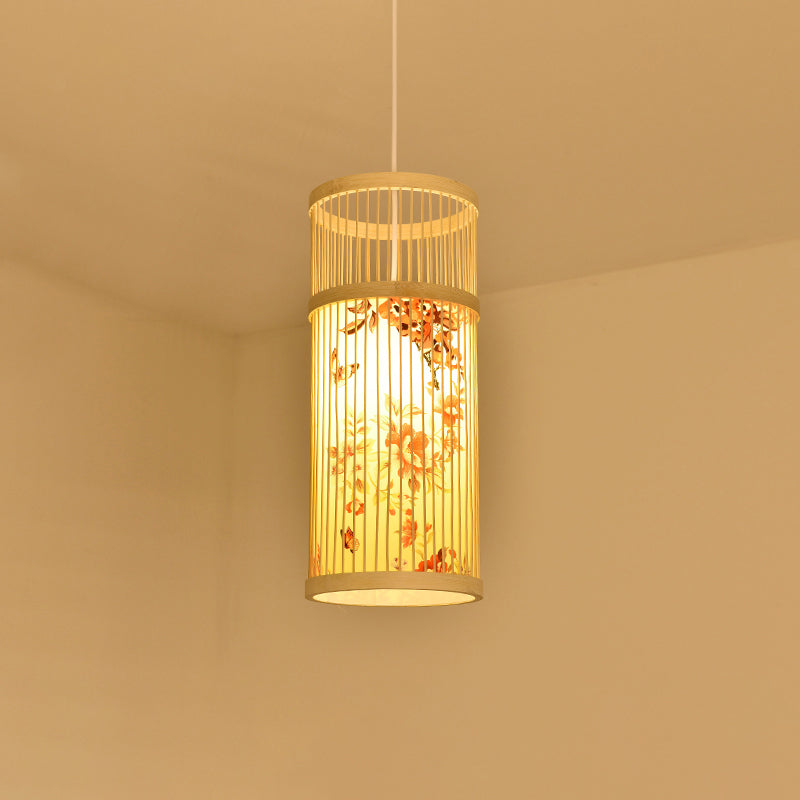 Contemporary Bamboo Pendant Light - Handmade Single-Bulb Wood Fixture / I