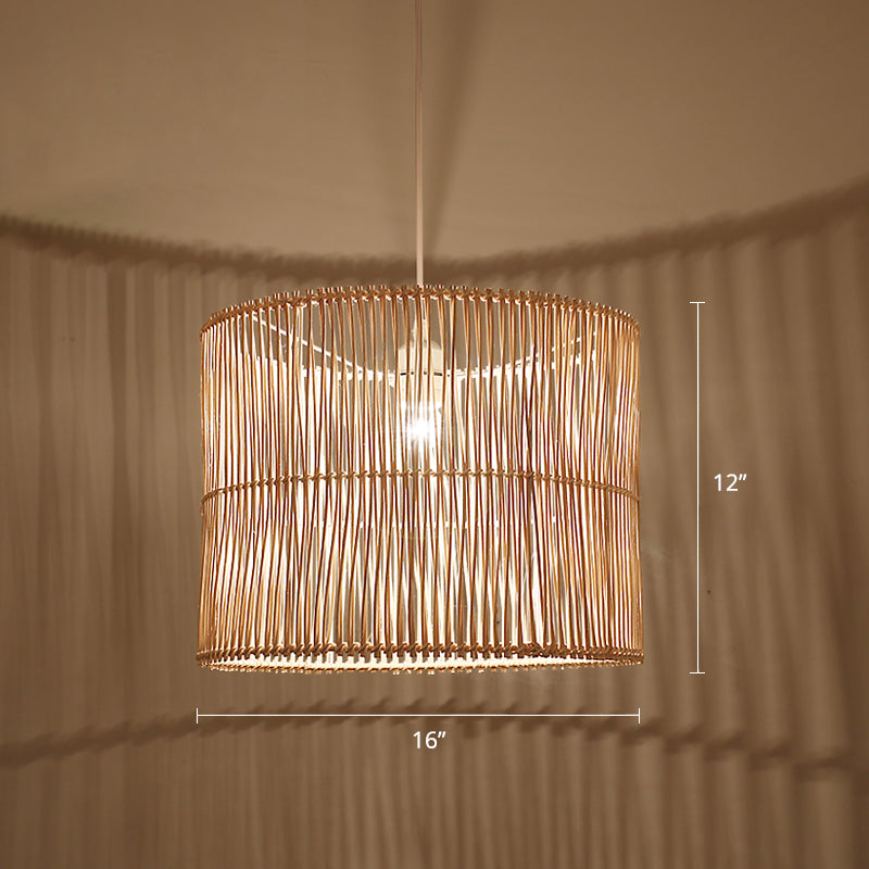 Modern Rattan Drum Shaded Pendant Light For Restaurant Ceiling Wood