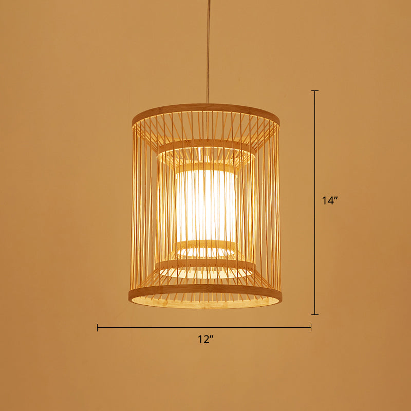 Simplicity Bamboo Tea Room Pendant Light: Cylindrical Suspension 1-Light Wood Fixture