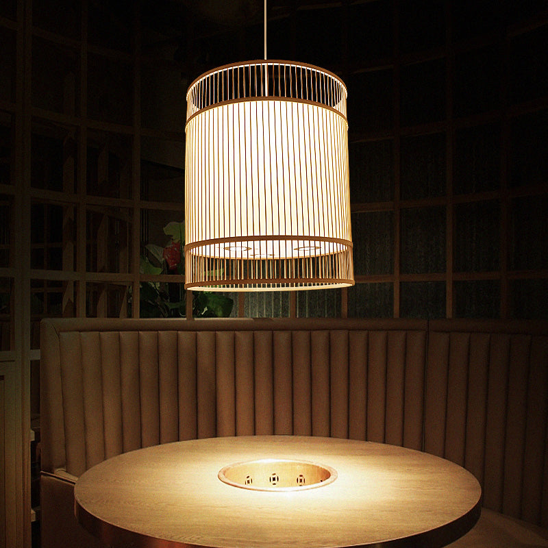 Asian Style Bamboo Hanging Light - Wood Cylinder Ceiling Pendant For Restaurants