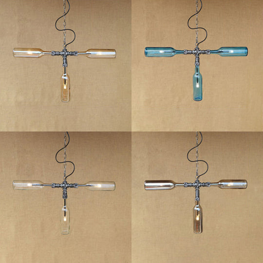 Antique Style 3-Light Pendant Lamp with Blue/Clear Glass Bottle Shades - for Restaurants and Bars
