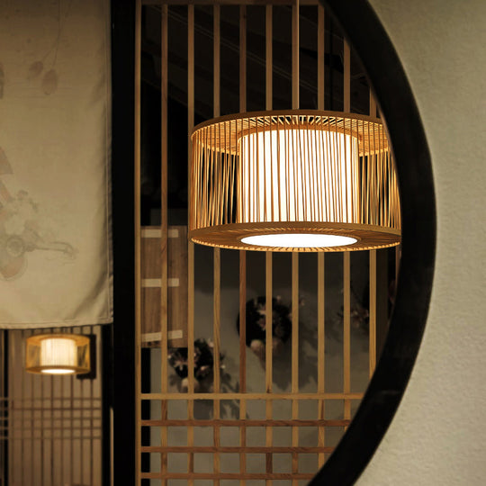 Modern Bamboo Drum Pendant Light - Sleek Round Design For Restaurants Wood Ceiling Hanging