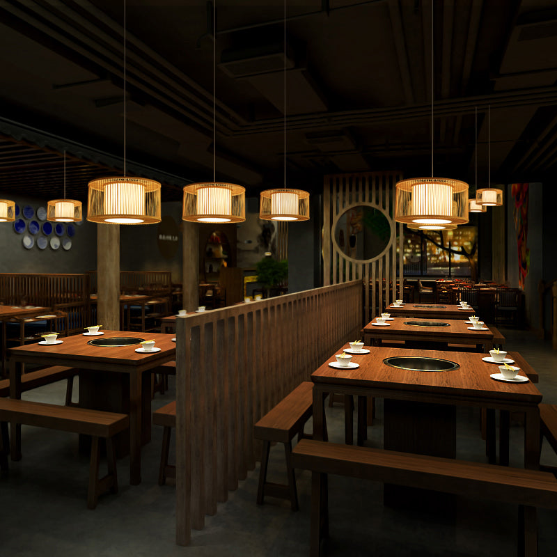 Modern Bamboo Drum Pendant Light - Sleek Round Design For Restaurants Wood Ceiling Hanging