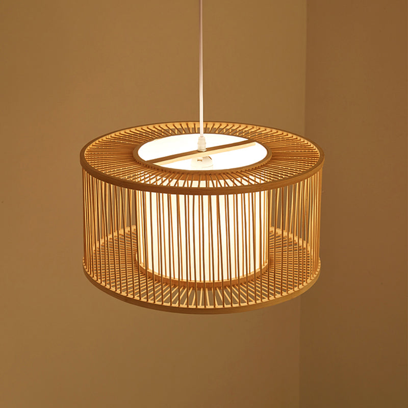 Modern Bamboo Drum Pendant Light - Sleek Round Design For Restaurants Wood Ceiling Hanging / 16