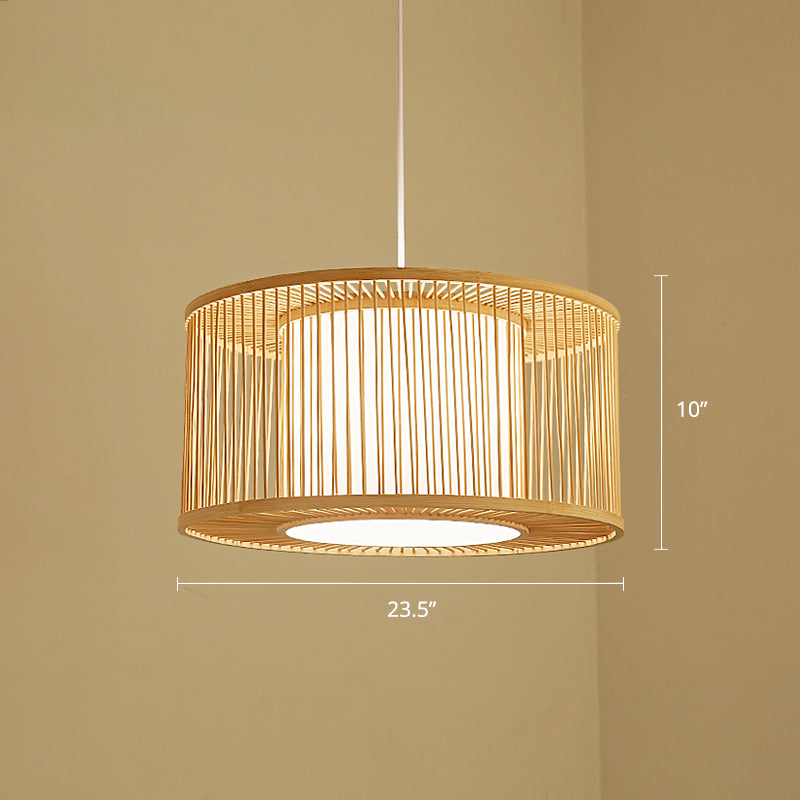 Modern Bamboo Drum Pendant Light - Sleek Round Design For Restaurants Wood Ceiling Hanging / 23.5