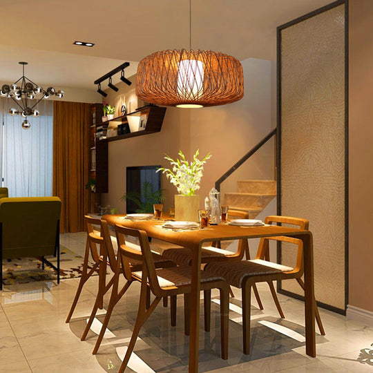 Bamboo Drum Pendant Light - Stylish Single-Bulb Suspension Fixture For Contemporary Tea Room Décor