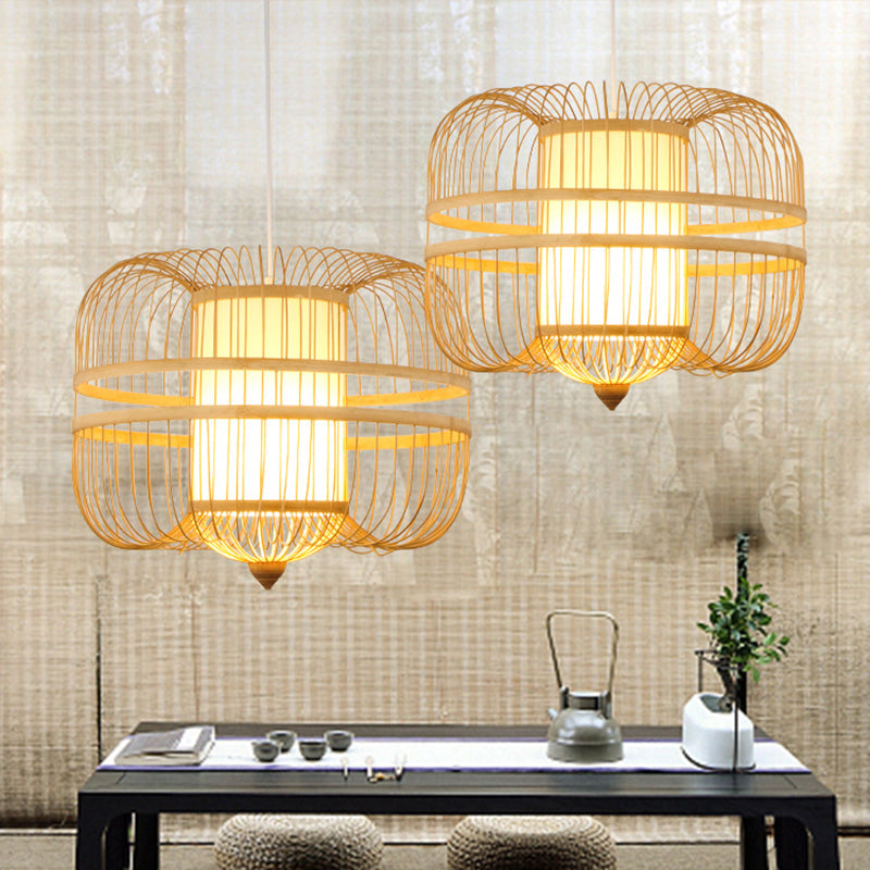 Wood Pendant Light: Bamboo Curved Drum Suspension Light Simplicity Design 1-Light Fixture